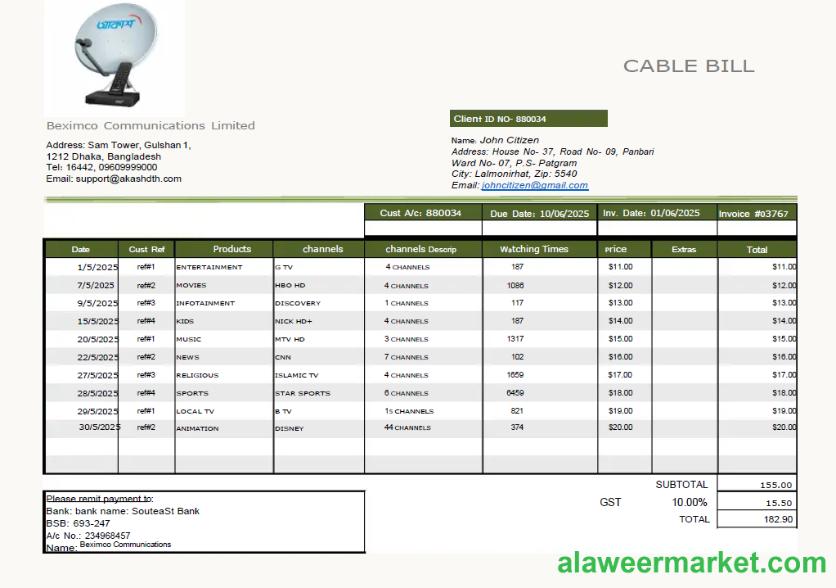 Bangladesh Beximco Communications utility bill template in Word and PDF formats